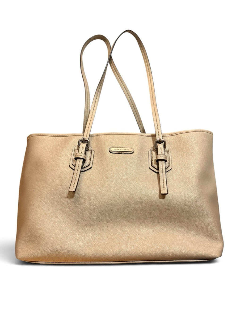 Dana Buchman Beige/Gold Tote Bag Zip Top Zebra Print Lining Inner Pockets Silver